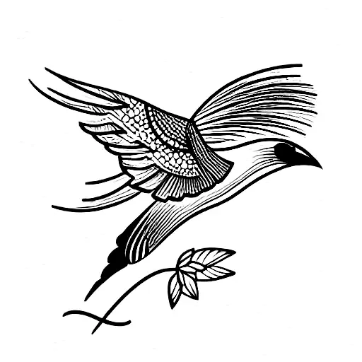 Bird Flying Away From Garden With Flower In Beak