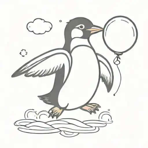 Penguin Flying With Open Wings With Baloon Around Its Belly
