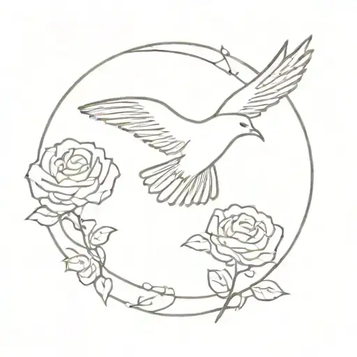 A Minimalist Tattoo Design Of A Silhouette Of A Bird Flying Over A Field Of Roses