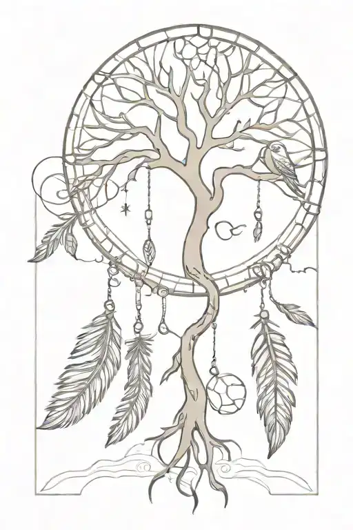 Tree Of Life Dream Catcher With Feathers Dangling