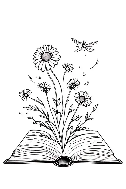 The Line Drawing Of An Open Book Through Which There Are Daisies And The Book Flies Out Of The Book