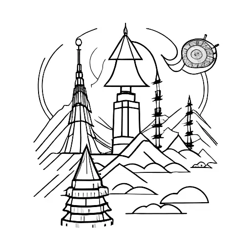 Outline Of A 6 Peaked Mountain With Tower On Top
