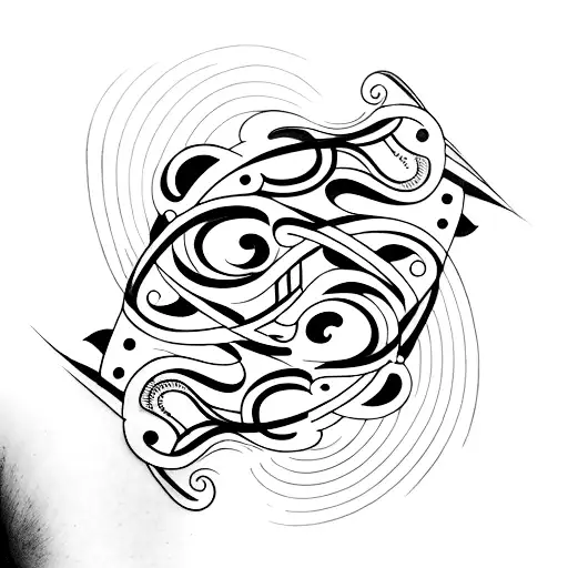 A Minimalist Tattoo Of A Family Portrait Surrounded By Swirling Musical Notes And Natural Elements