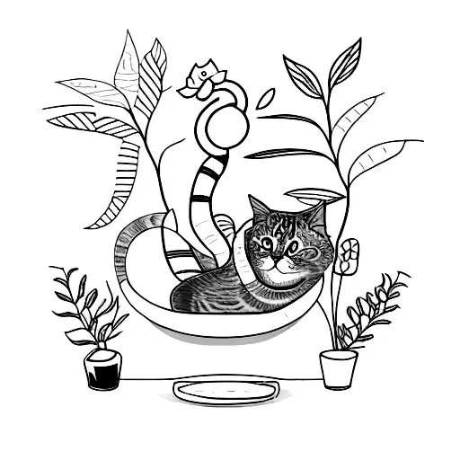 A Cat Curled Up Among A Variety Of Potted Plants