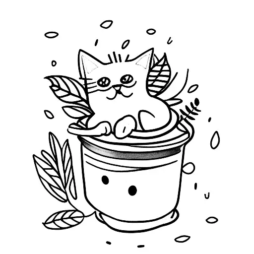 A Cat Curled Up Among A Variety Of Potted Plants
