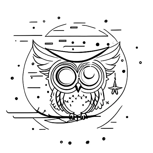 Small Wise Owl In Front Of Moon With Stars And Astrolabe Incorporated Into The Design
