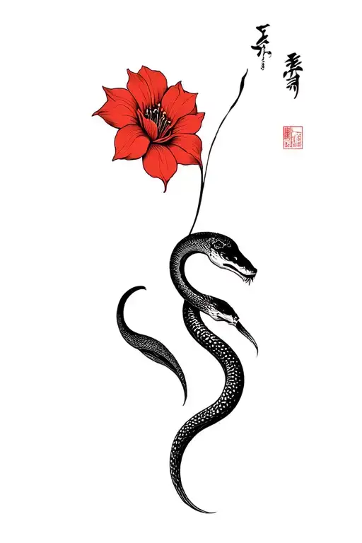 Snake And Red Japanese Flower