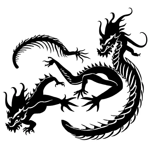 Two Dragons One In Red And One In Black And The Tails Twist Together Down
