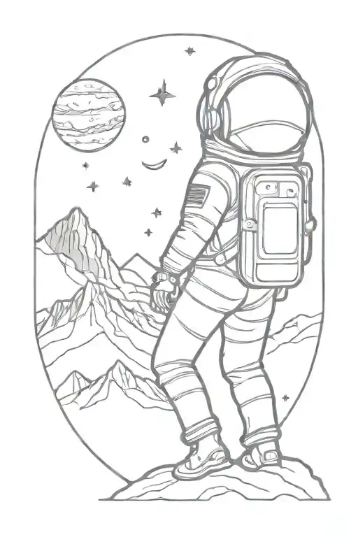 Feminine Astronaut On Planet With Mountains And Three Moons