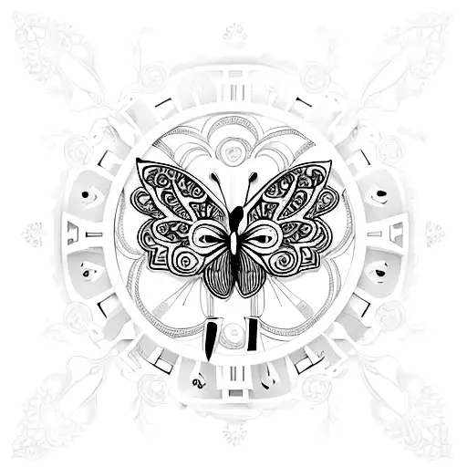 An Elegant Black And White Clock With Intricate Butterfly Patterns