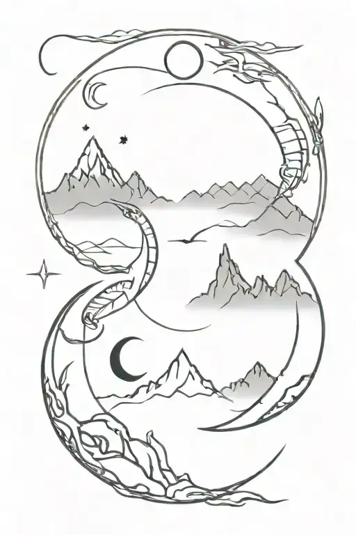 Moon Phases With Dragons And Sword And Mountains Inside