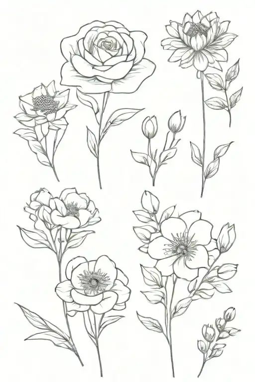 Simple March April July Birth Flower Bouquet Fine Line Simple