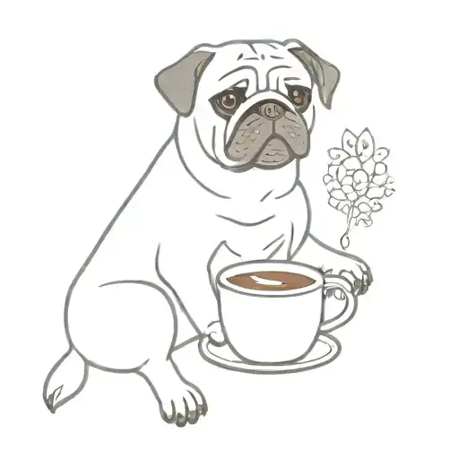 Pug Drinking Coffee And Red Cat With Cracker