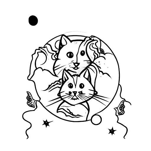 Silhouettes Of Three Cats And Two Rodents On A Low Wall With The Moon In The Background