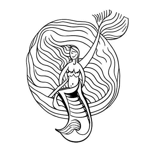 Mermaid Sitting On A Surfboard In The Middle Of The Ocean