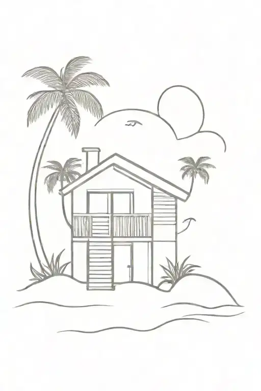 Beach Sea Hut Surrounded By Palm Trees