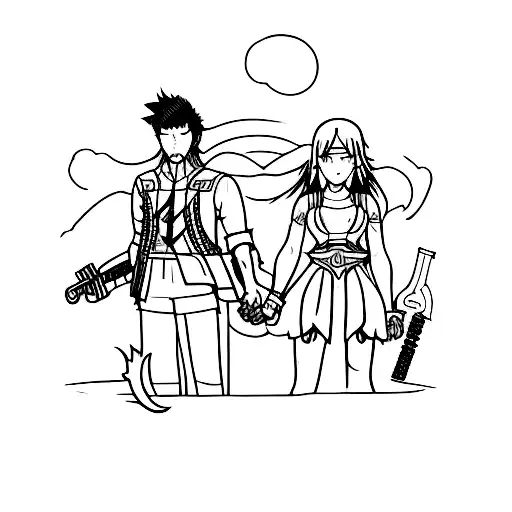 A Minimalist Tattoo Of Luna And Noctis Holding Hands With Their Iconic Weapons In The Background
