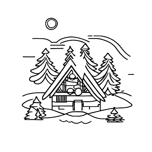 Cabin By The Lake With A Single Tree