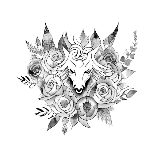 A Watercolor Tattoo Of A Mythical Creature Surrounded By Flowers