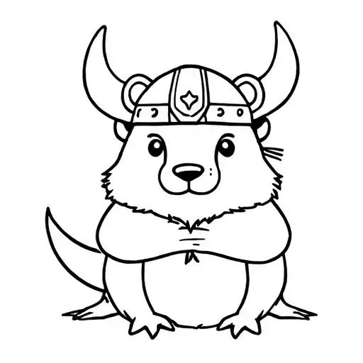 Simple Cartoon Beaver Wearing A Viking Hat Sitting