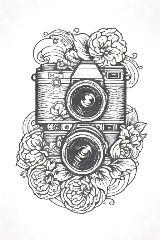 A Minimalist Tattoo Of A Flower-filled Camera Lens With Waves In The Background