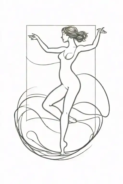 A Minimalist Tattoo Design Of A Silhouette Of A Dancer Gracefully Moving With The Waves Of The Ocean