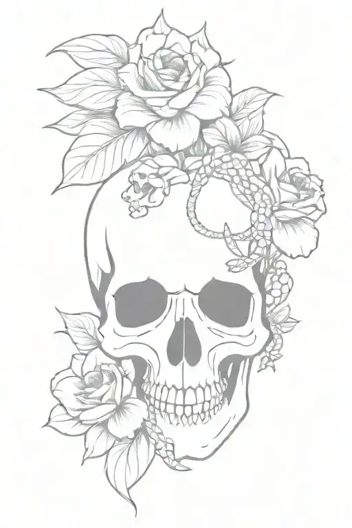Fineline Skull With Flowers And Snake