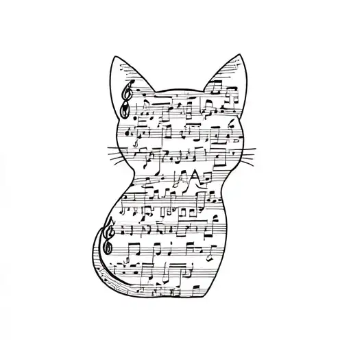 A Minimalist Tattoo Of A Cat Silhouette Filled With Musical Notes