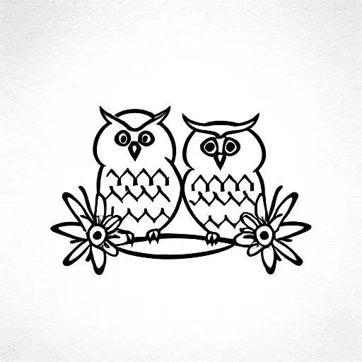 Two Owls Sitting On A Moon With Daisies On It