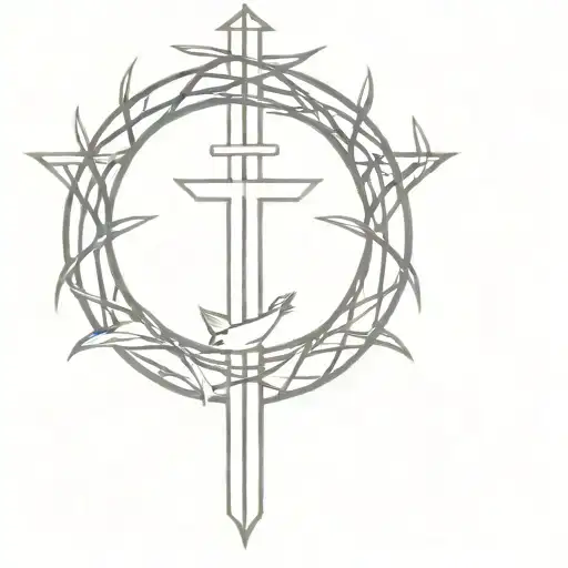 Half Sleeve Tattoo With Small Doves Cross And Crown Of Thorns