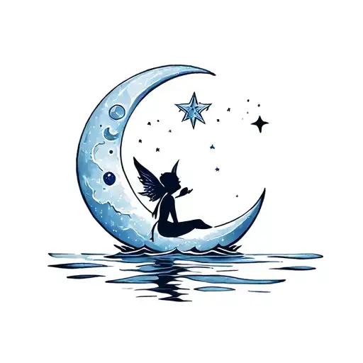 Pixie On Moon In Water Watching Sky