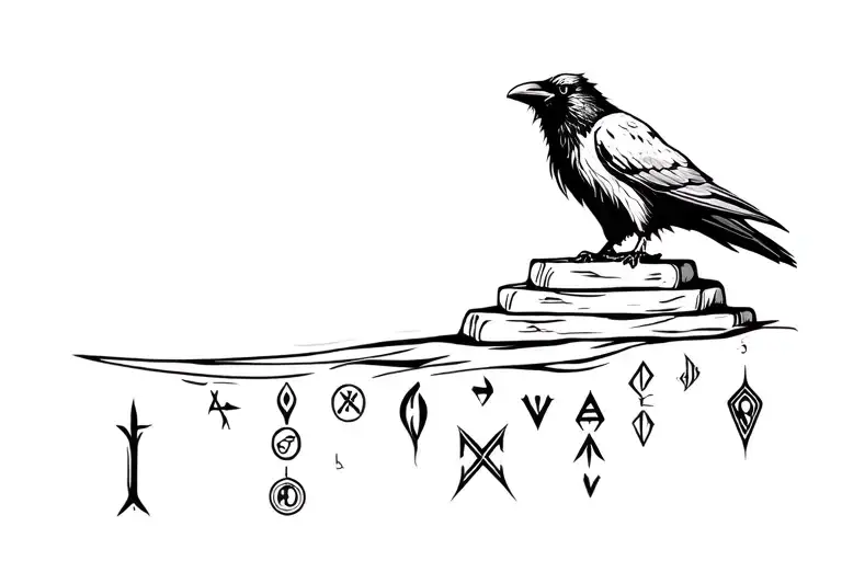 Viking Runes And Raven Perched On A Stack And Symbols