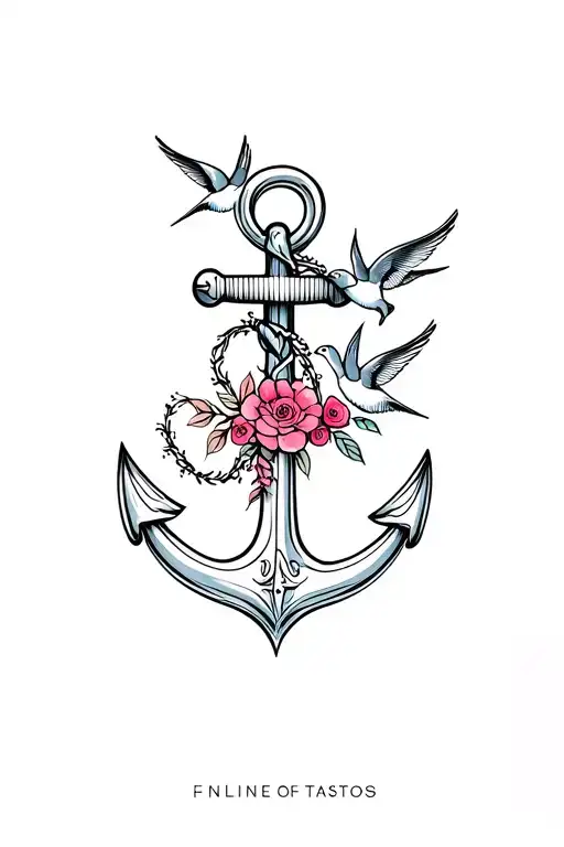 Anchor With Three Swallows And Florals