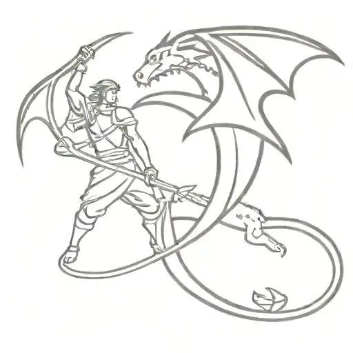 Minimal Tattoo Of A Hero Fighting A Dragon Guarding The Treasure