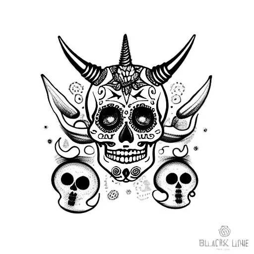 Sugar Skull With Horns Surrounded By Mandala Mushrooms