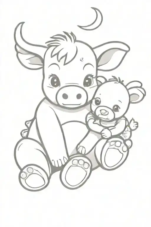 Cartoon Style Baby Bull Sitting With A Teddy Bear