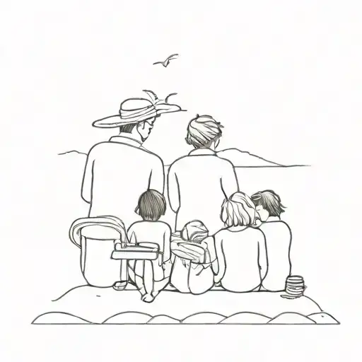 A Minimalist Design Of A Family Of Stitches Reading Books On The Beach