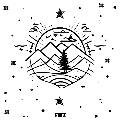 Mountain Witz The See And Behind Is A Tree With Five Birds On The Tree And In The Sky Are Stars