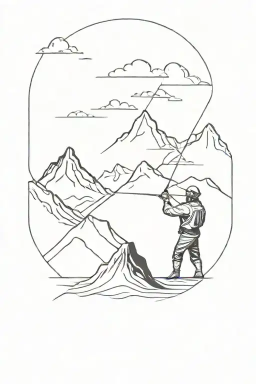 Mountain Range Background With A Fisherman Casting A Line