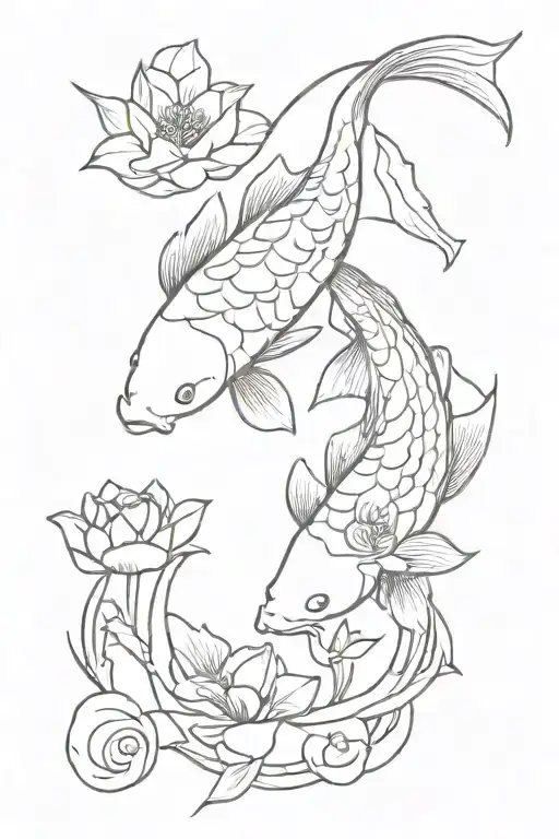 Koi Fish And Flowers Intertwined