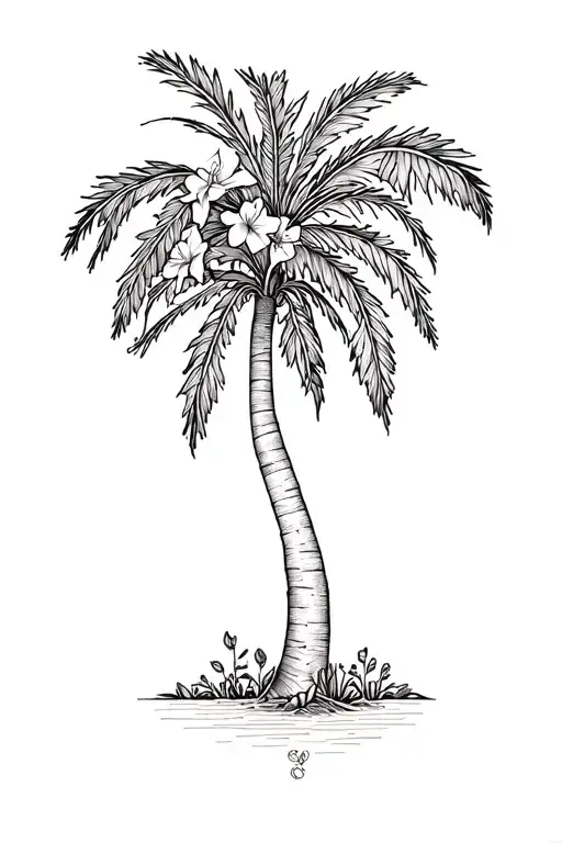 Bougainvillea And Date Palm Tree