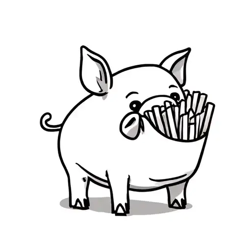 Cartoon Pig Eating French Fries