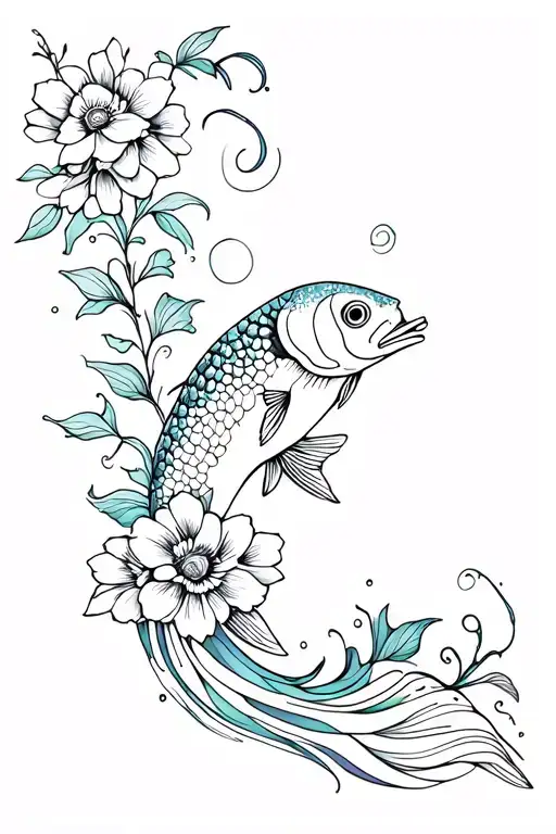 Waves And Fish With Flowers