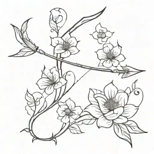 Bow And Arrow Thin Lines With Flowers
