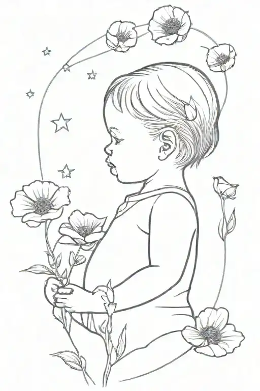 A Baby Girl Surrounded By Red Poppies While Looking Up At The Aurora Borealis