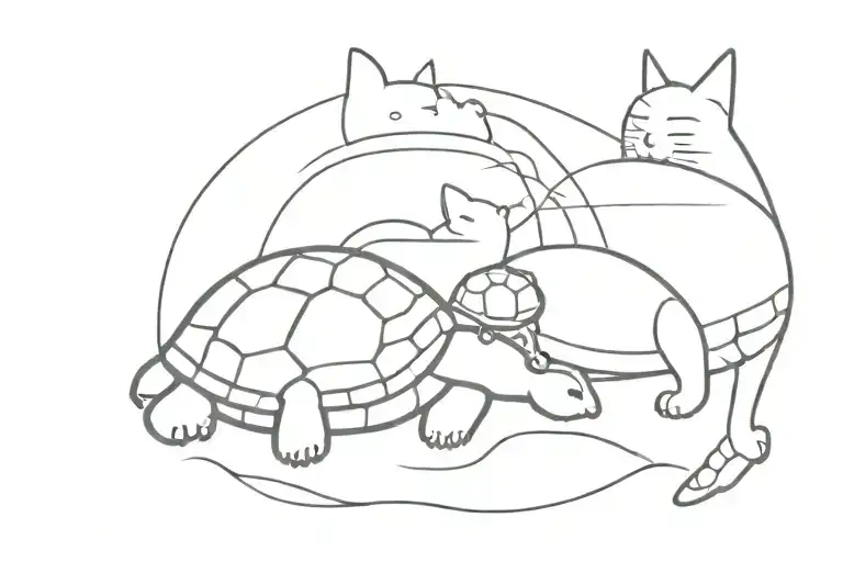 Cat And Turtle Sitting Together With A Sunset