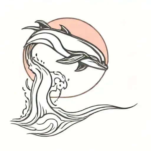 A Minimalist Tattoo Of A Red Moon Shining Over Crashing Waves With An Orca