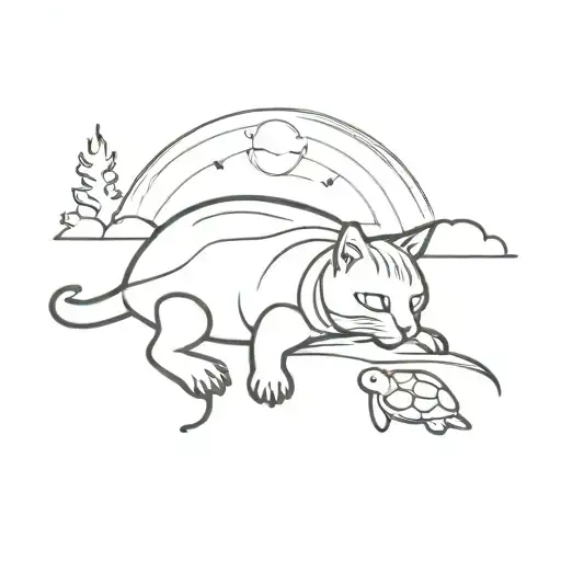 Cat Sitting Next To A Sea Turtle With A Sunset In The Background