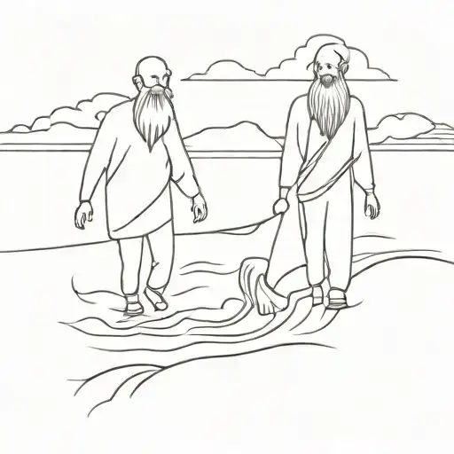 A Tattoo Of A Grandson And Grandfather With A Long Beard Crossing A River
