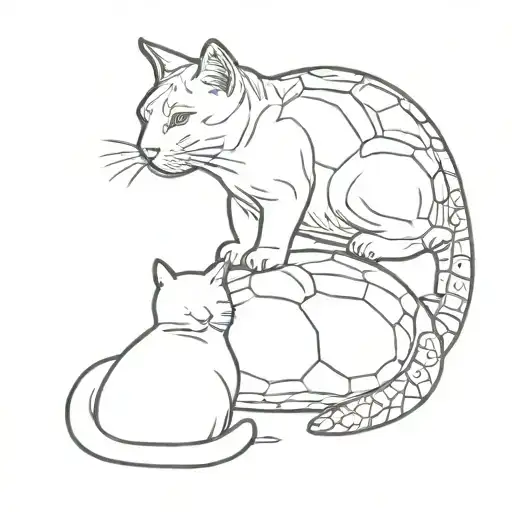 Cat And Sea Turtle Sitting Together